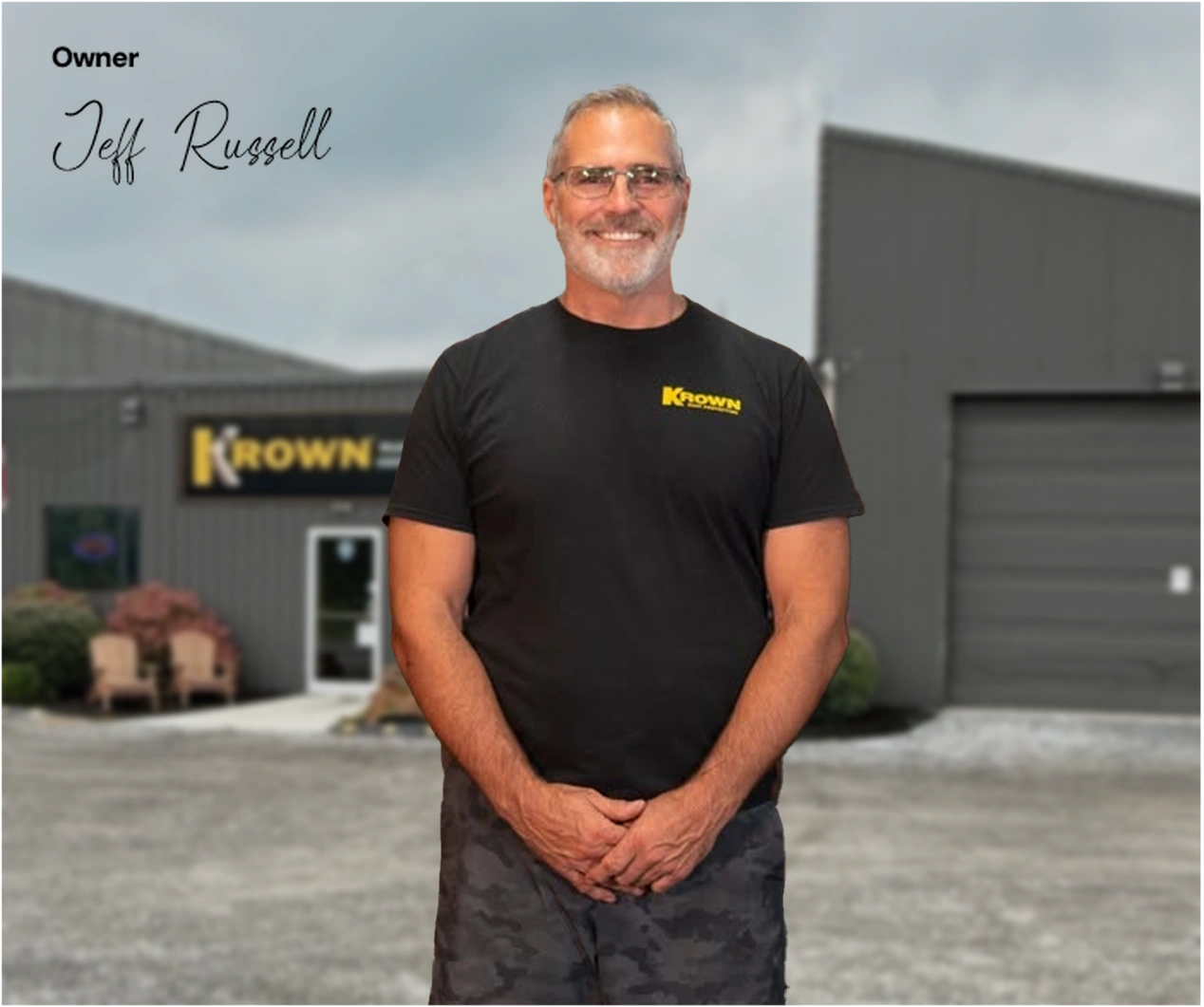 Owner Jeff Russell in front of the shop, with his name handwritten above his shoulder
