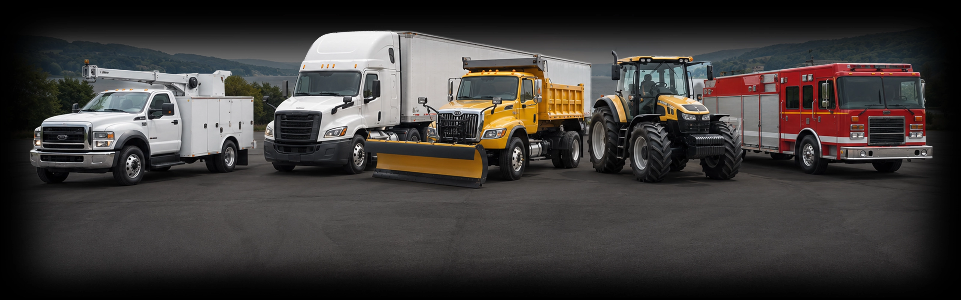 A utility truck, tractor-trailer, plow truck, tractor and fire engine lined up on the lot