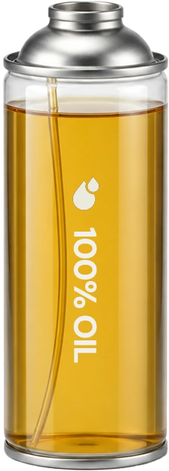 A clear can showing the oil inside